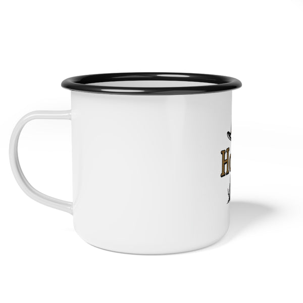 Enamel camp mug with black rim, side handle, and partial 'Howdy' print
