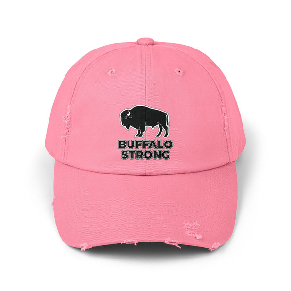 Pink distressed dad hat with buffalo graphic and 'BUFFALO STRONG' print