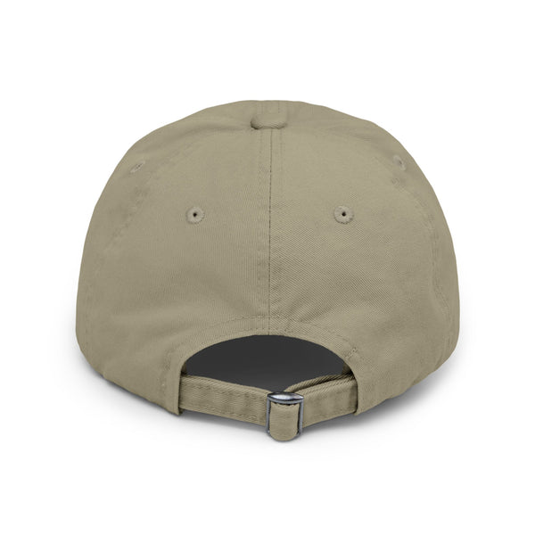 Distressed light olive dad hat with back strap and eyelets