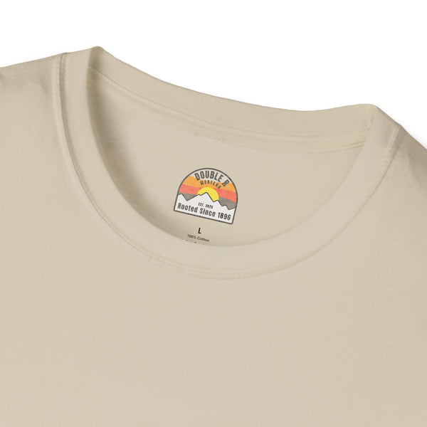 Heavy cotton T-shirt neckline, tan, with small logo patch and size label text.