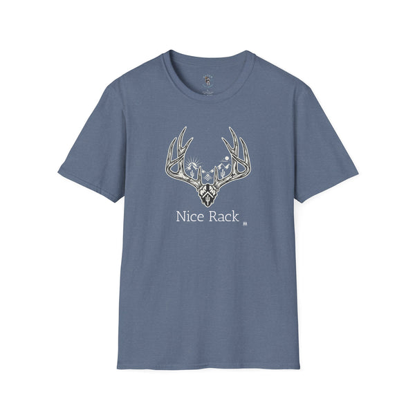 Heather indigo western graphic T-shirt with white antler logo and chest text