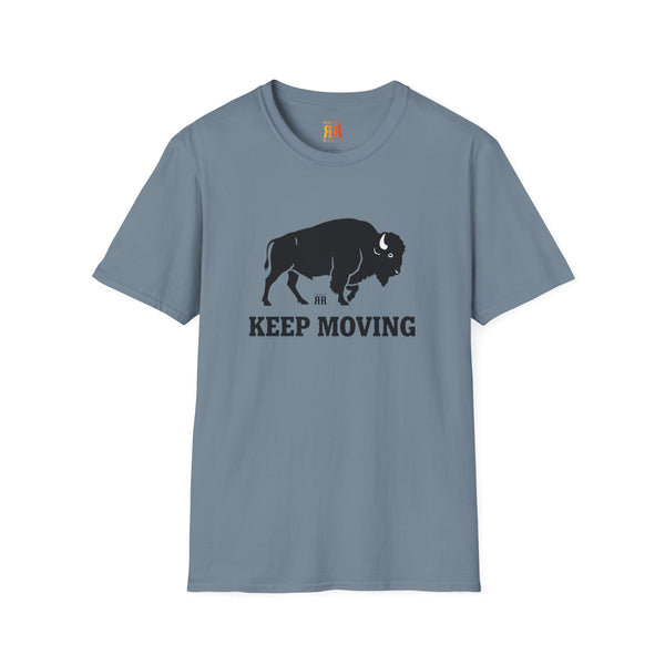 Slate blue crew-neck Western t-shirt with black bison and “KEEP MOVING” graphic