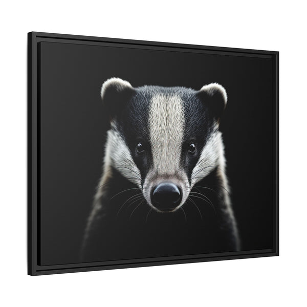 Framed canvas wall art with a badger close-up, black frame