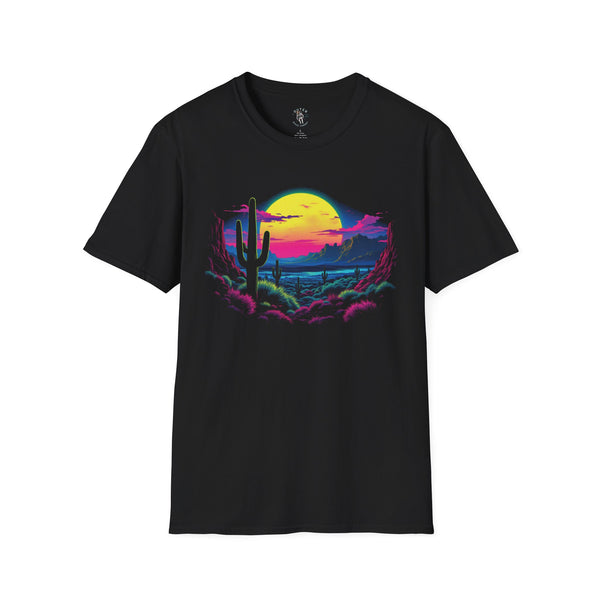 Black western graphic T-shirt with neon cactus and sunset print