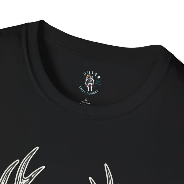 Black cotton T-shirt with small chest graphic near crew neckline
