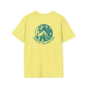 Women’s T-shirt in yellow with circular back graphic at center neck and chest