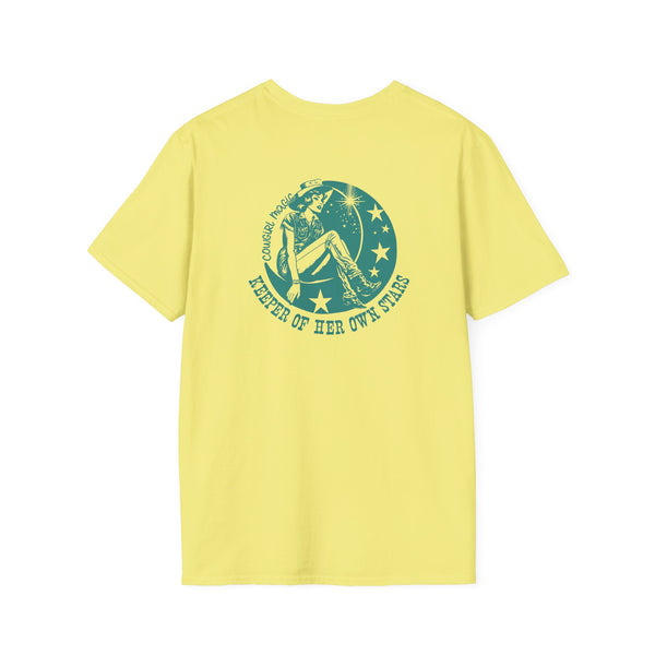 Women’s T-shirt in yellow with circular back graphic at center neck and chest