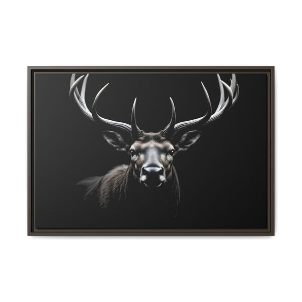Framed elk head western canvas wall art with long antlers, dark brown frame, dark background.