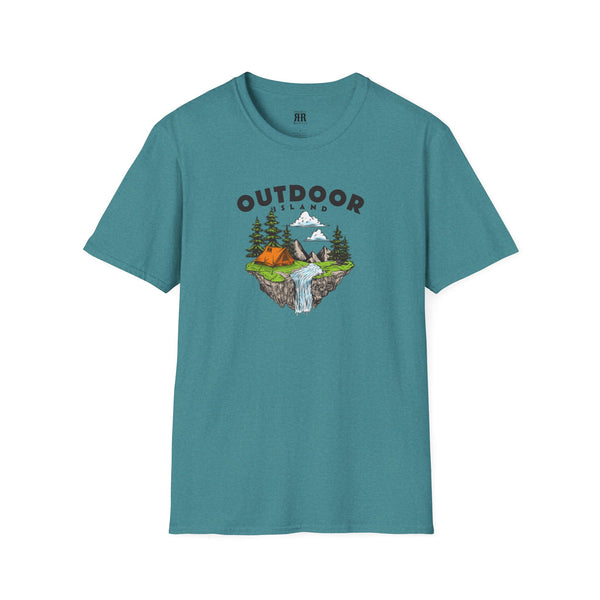 Teal T-shirt with outdoor graphic print across the chest