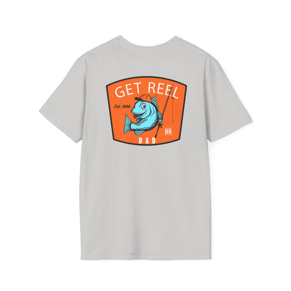 Light gray western graphic T-shirt with “GET REEL DAD” back print