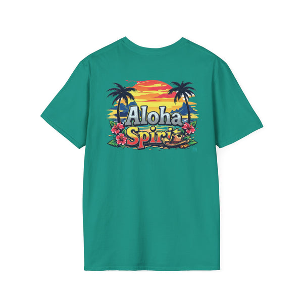 Teal men’s T-shirt with Aloha Spirit graphic featuring palms and flowers