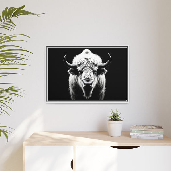 Small framed bison head wall art with white-and-black portrait on dark background, white frame