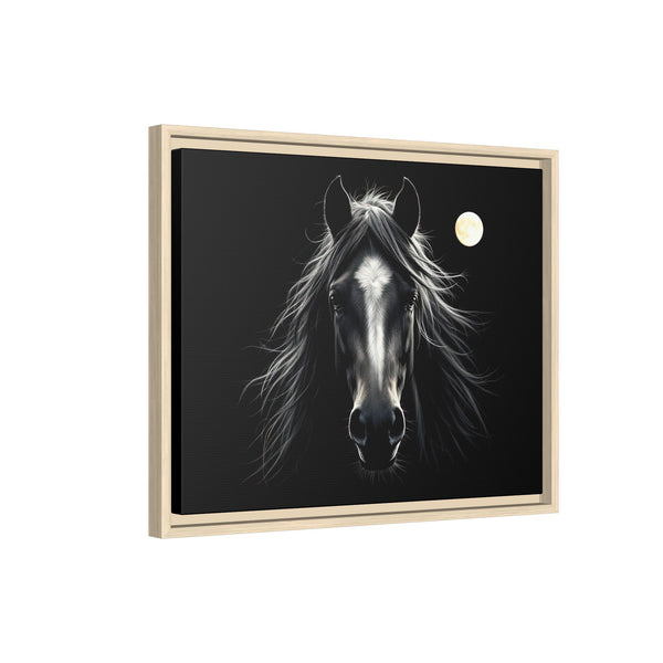 Framed horse canvas art with light wood frame, dark background, and bright moon near top right