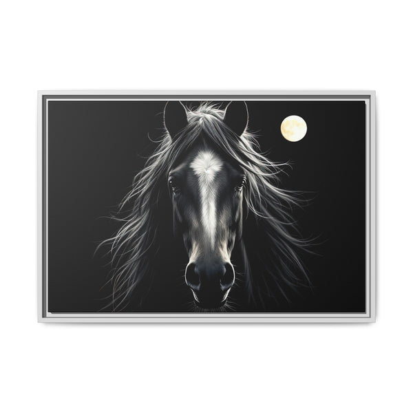 Framed canvas art of a black-and-white horse head with moon, light gray frame