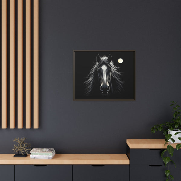 Framed western canvas art of a black horse head with flowing mane and a small moon