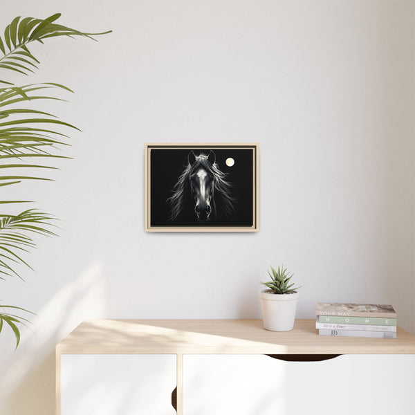Framed western canvas art with a black horse face, white mane, and bright moon overhead