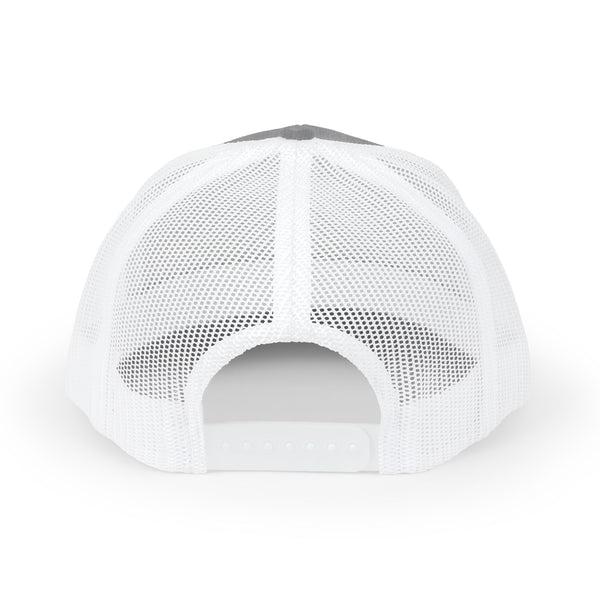 White mesh trucker hat with curved brim and snapback closure at back opening