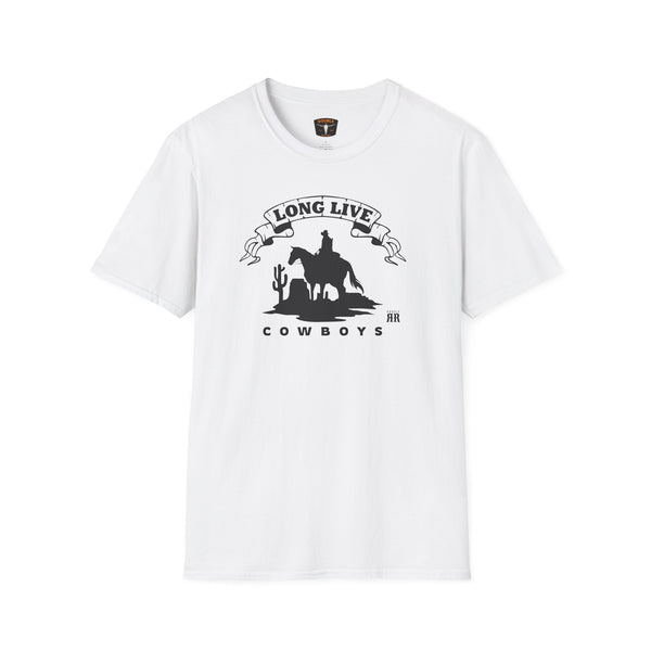 White T-shirt with cowboy silhouette and “Long Live” ribbon graphic at chest