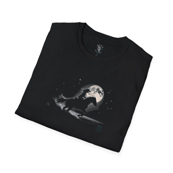Women's black crewneck tee with moon cowboy silhouette graphic