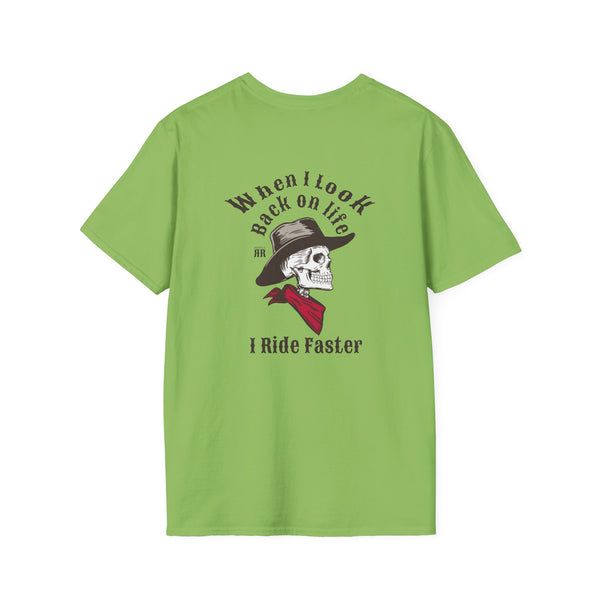 Green crew-neck graphic T-shirt with back skull hat and “I Ride Faster” text