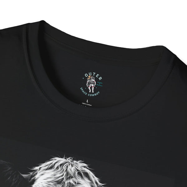 Black crewneck T-shirt neckline with small Outer Space Cowboy logo