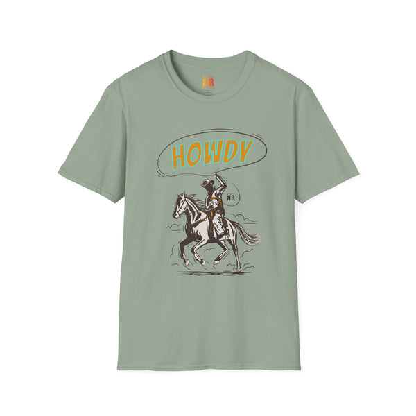 Greenish sage cowboy graphic T-shirt with Howdy and rider on horse print.