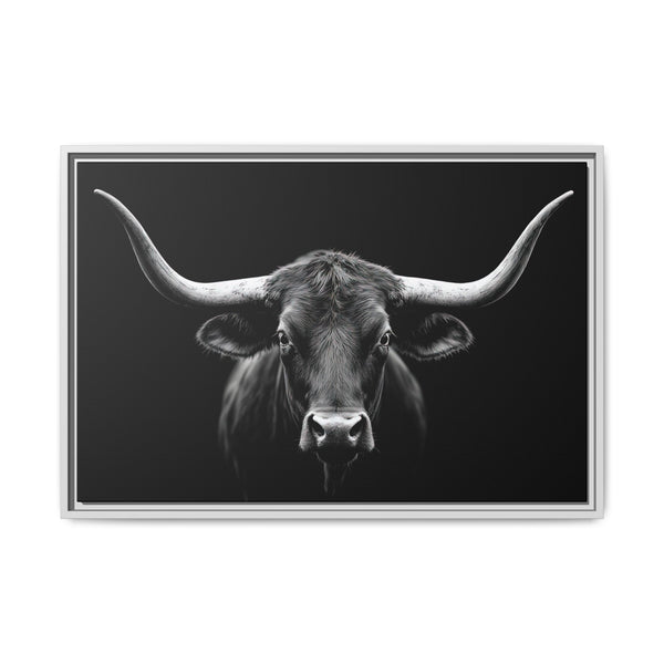 Framed western canvas art of a grayscale bull head with long horns, light silver frame