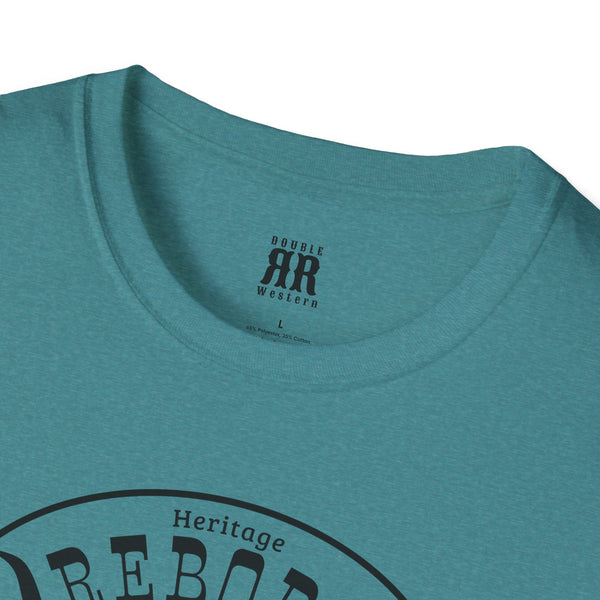 Heather teal comfort tee with REBORN Heritage front graphic detail near neckline