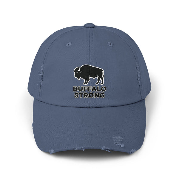 Blue distressed dad hat with buffalo graphic and 'BUFFALO STRONG' print