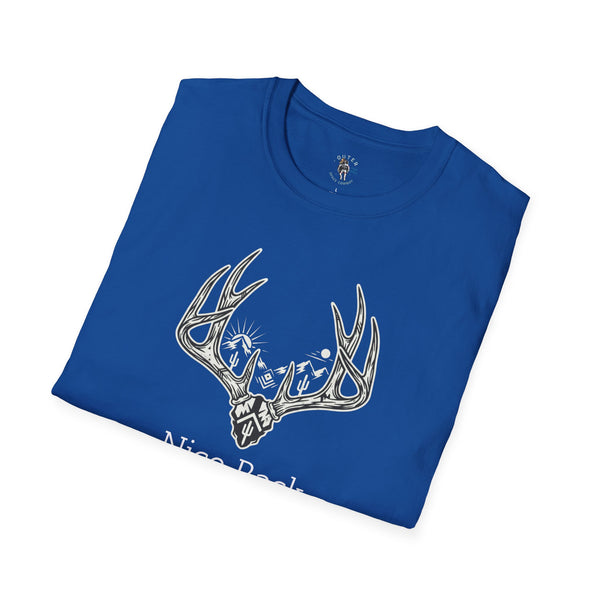 Royal blue crewneck T-shirt with deer-antler western graphic on front