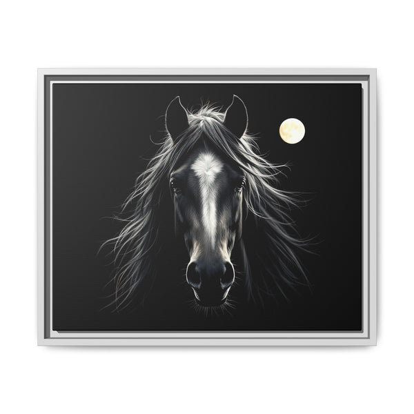 Framed canvas art of a black-and-white horse head with moon, light gray frame