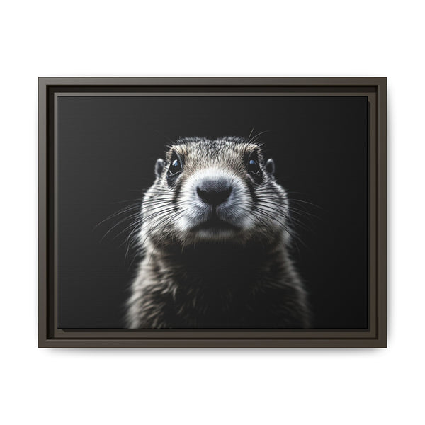 Framed canvas wall art with prairie dog portrait, espresso-brown frame, dark background.