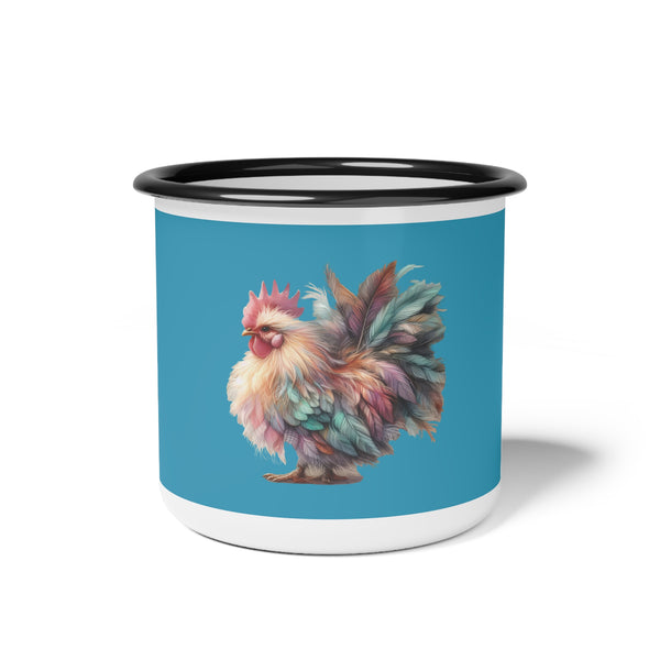 Enamel camp mug with black rim, blue body, fluffy chicken feather graphic