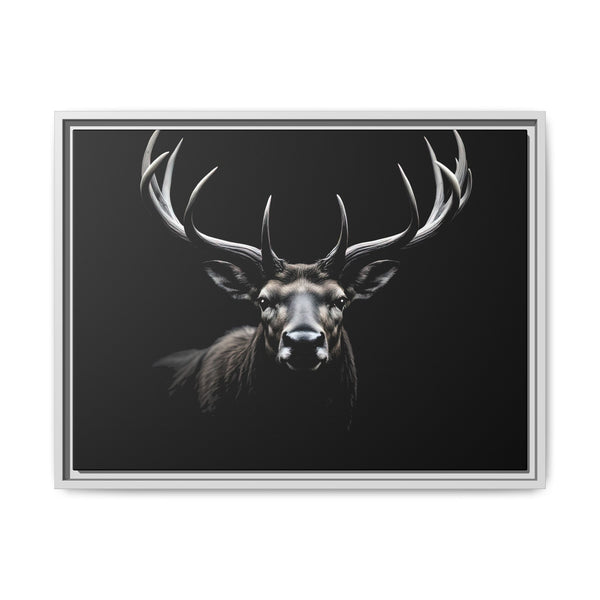 Framed elk head western canvas wall art with long antlers, light gray frame, dark background.