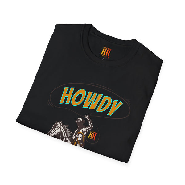 Cowboy graphic T-shirt, black with large HOWDY and cowboy rider graphic