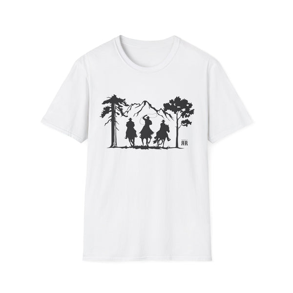 White crew neck T-shirt with western rider silhouette graphic across chest