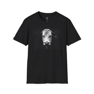 Black crewneck T-shirt with large cow head graphic on the chest