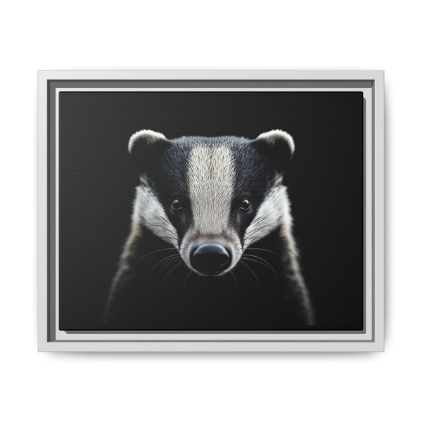 Framed western canvas wall art of a badger face, white frame