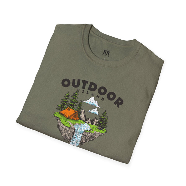 Heather green graphic T-shirt with outdoor campsite illustration and large OUTDOOR lettering