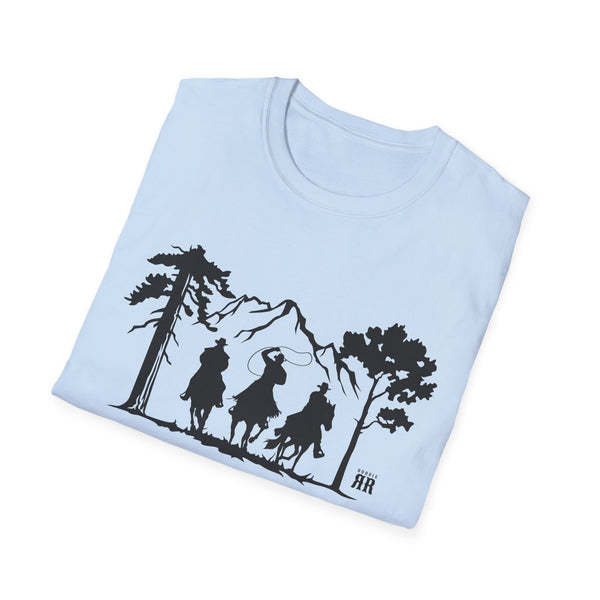 Light blue crew neck T-shirt with black ranch silhouette graphic