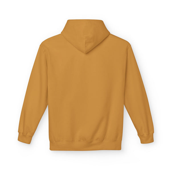 Mustard hooded pullover sweatshirt with kangaroo pocket and long sleeves