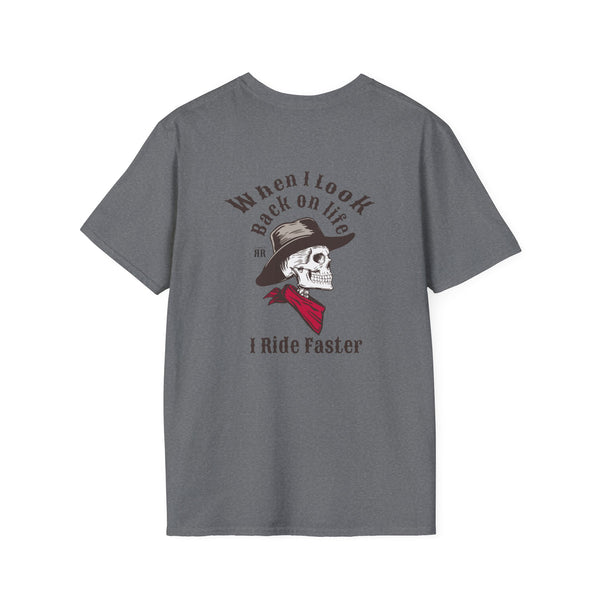 Dark gray crew-neck graphic T-shirt with back skull hat and “I Ride Faster” text