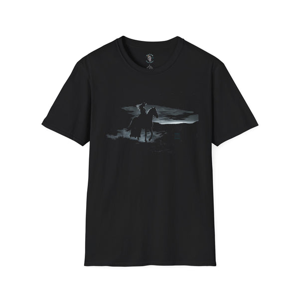 Black crewneck western graphic T-shirt with horse rider front print