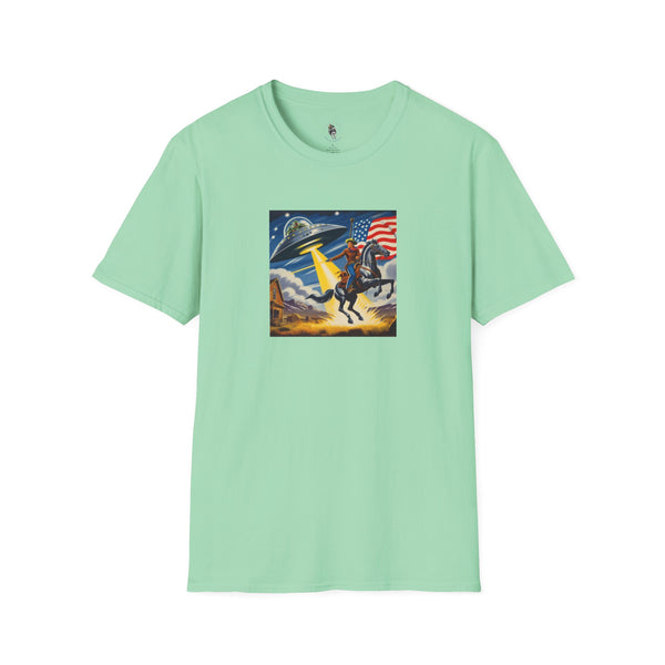 Mint green T-shirt with cosmic cowboy graphic on the chest