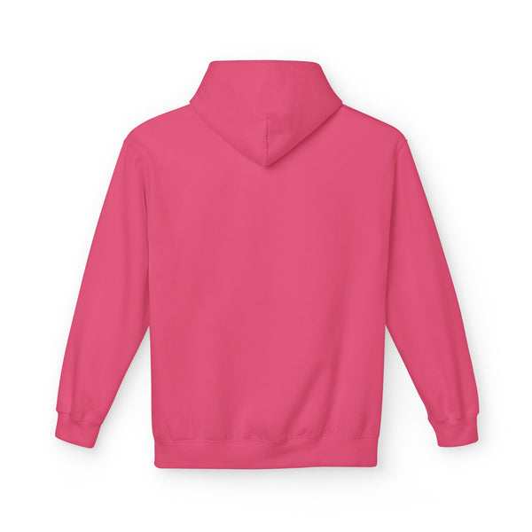 Pink pullover hoodie back view with hood and ribbed cuffs, no front print shown