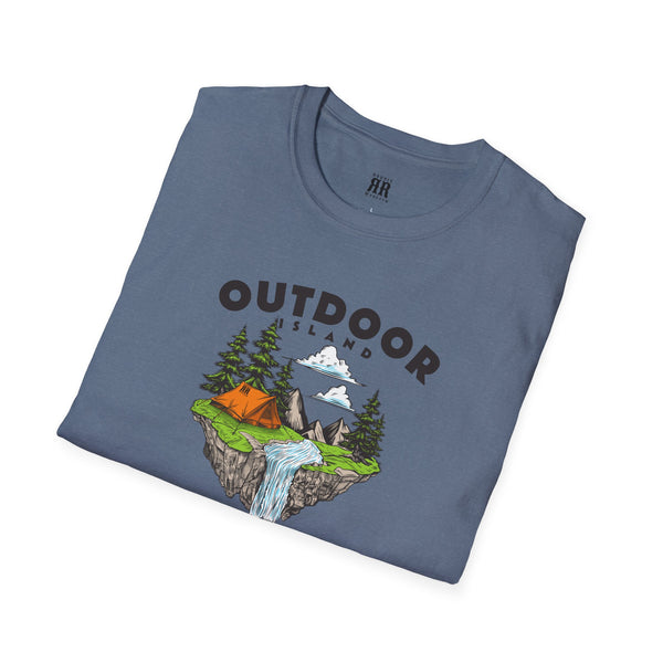 Heather navy outdoor crew-neck T-shirt with camping graphic at center chest