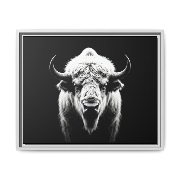 Framed bison portrait artwork featuring a centered head and raised horns