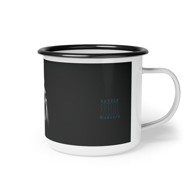 Black enamel camp mug with rooster graphic and blue logo on side, black rim