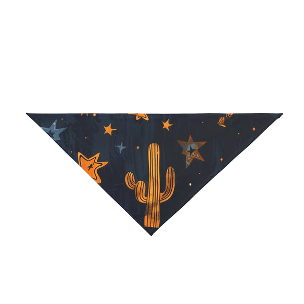 Triangular navy pet bandana with cactus and star prints, orange details