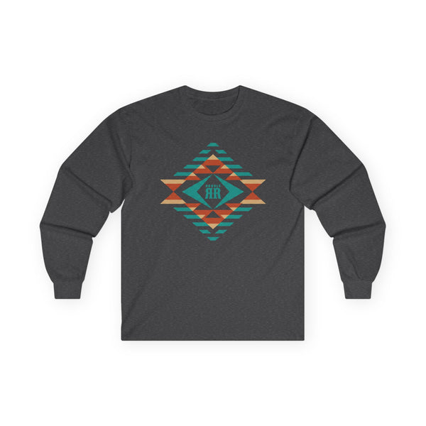 Dark long sleeve western tee with multicolor geometric diamond graphic on chest